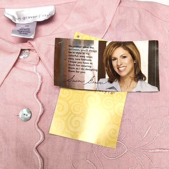 Susan Graver Shirt Blouse Womens Plus Size 2X Pink Linen Blend Scallop NEW NWT - Picture 12 of 16